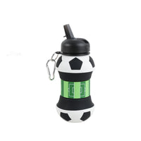 Soccer ball water bottle with black flip lid and green graphic panel