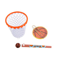 Basketball stationery set: white mesh cup, paper clips, and orange pencil