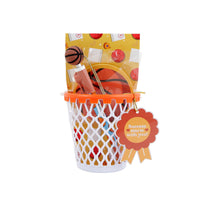 Basketball stationery set: white mesh basket with orange rim, pencils and clips