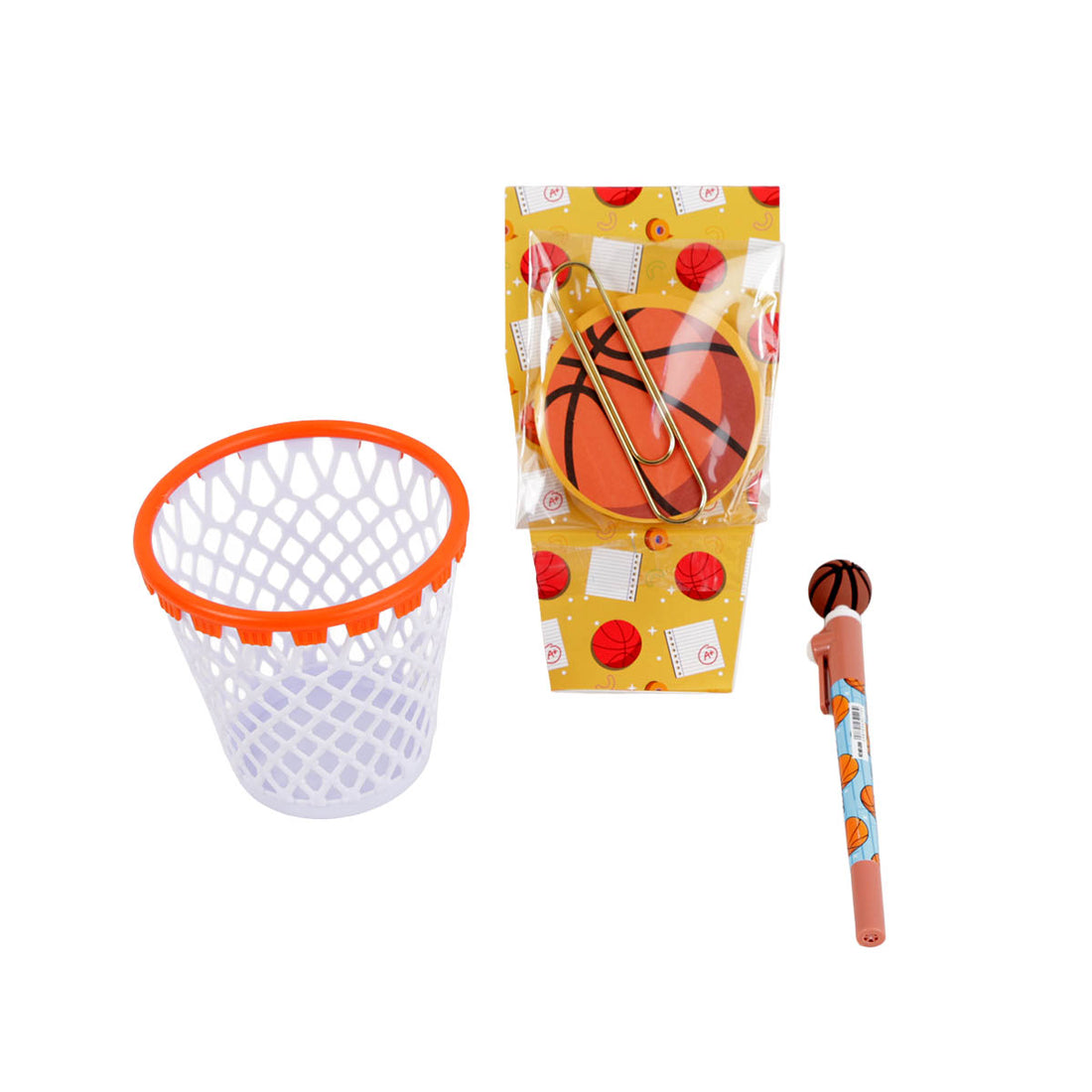 Basketball stationery set with white mesh cup, orange-rim, packaged items and pen