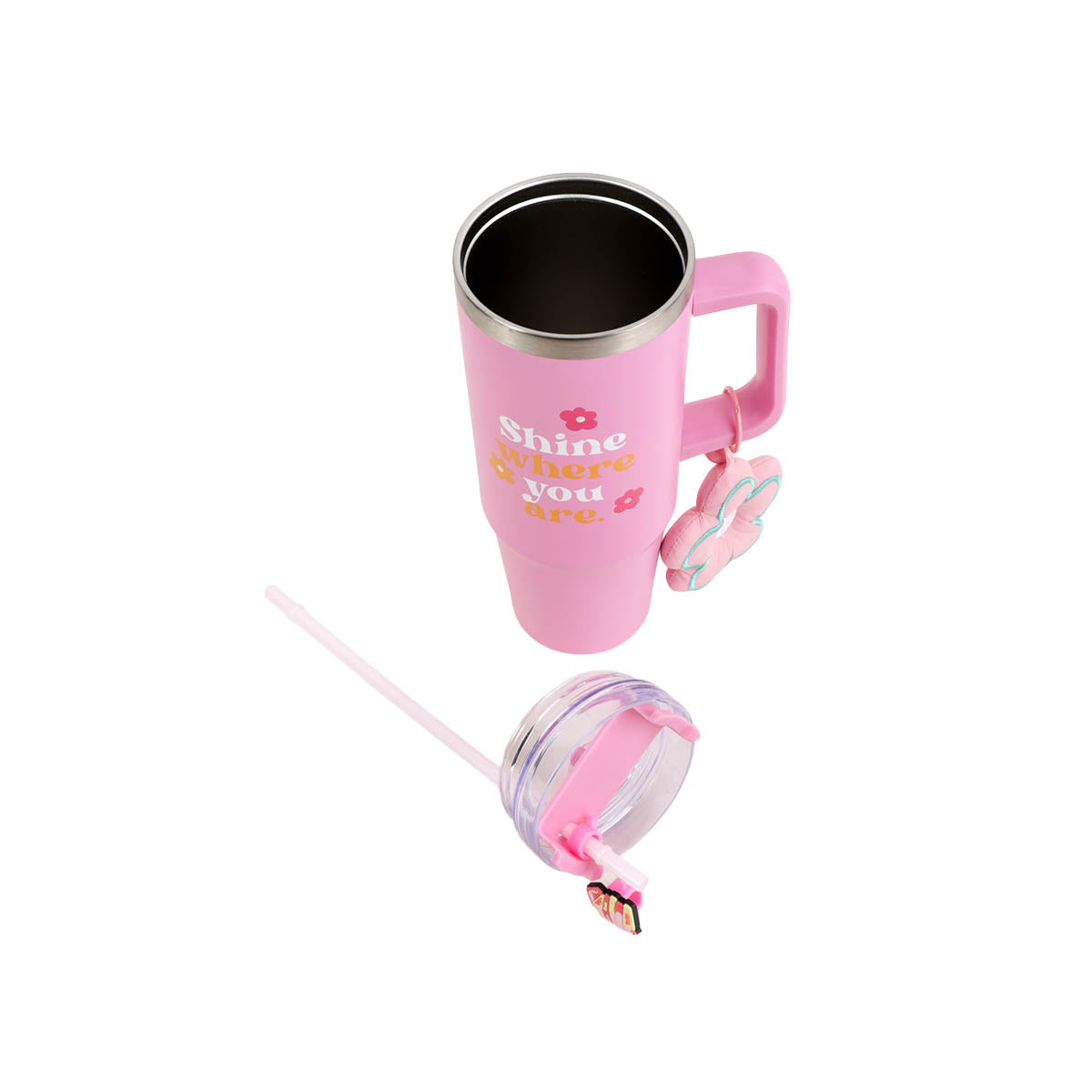 Pink tumbler with stainless rim, open lid, and straw accessory