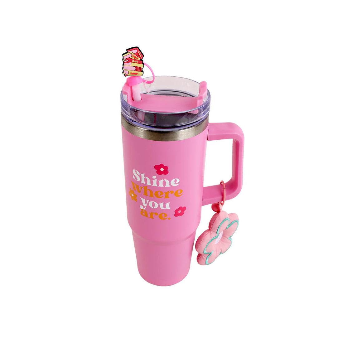 Pink travel mug with flip-top lid, handle, and floral charm keychain