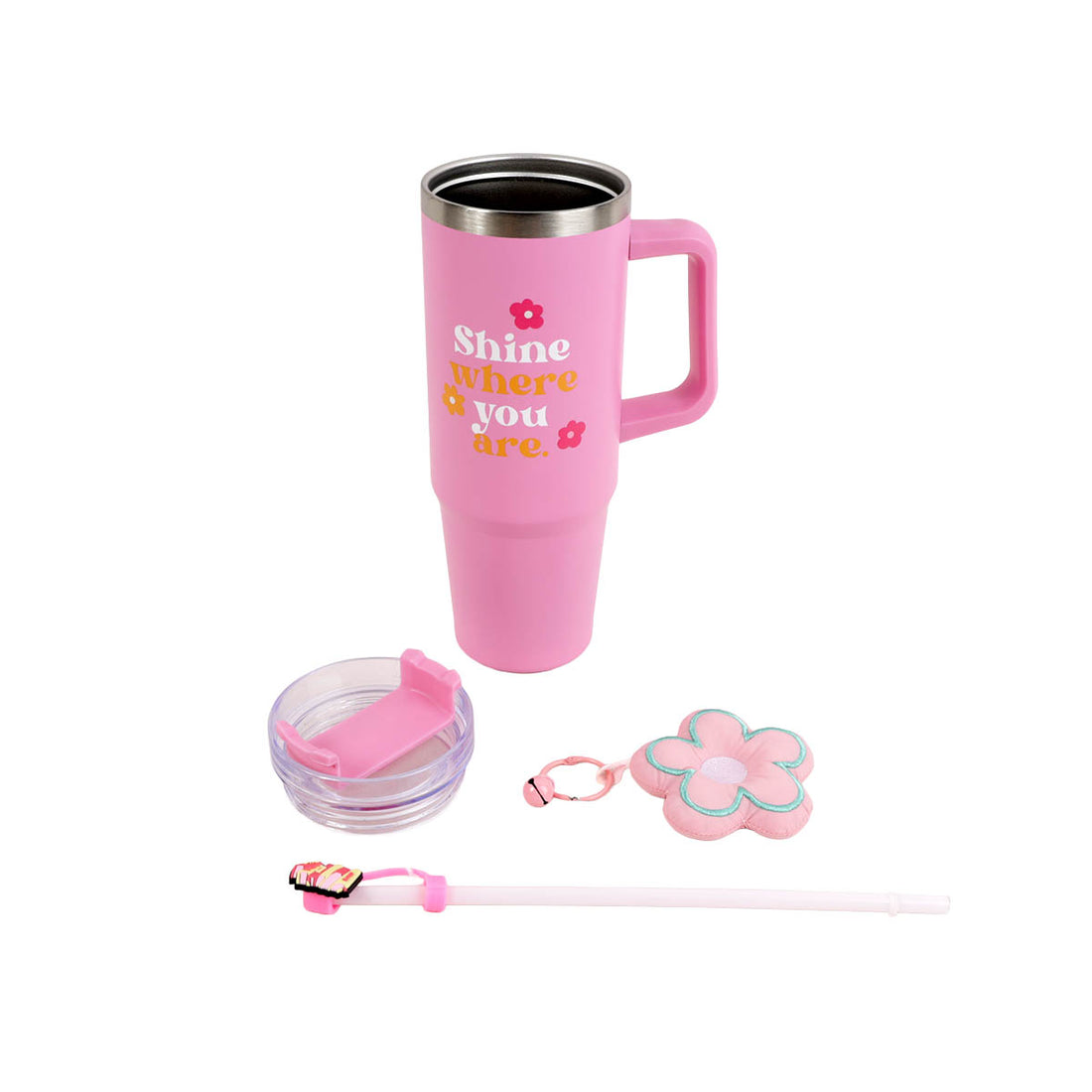 Pink travel mug with straw, lid, extra cup top, and flower-shaped keychain