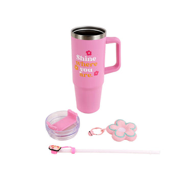 Pink travel mug with straw, lid, extra cup top, and flower-shaped keychain