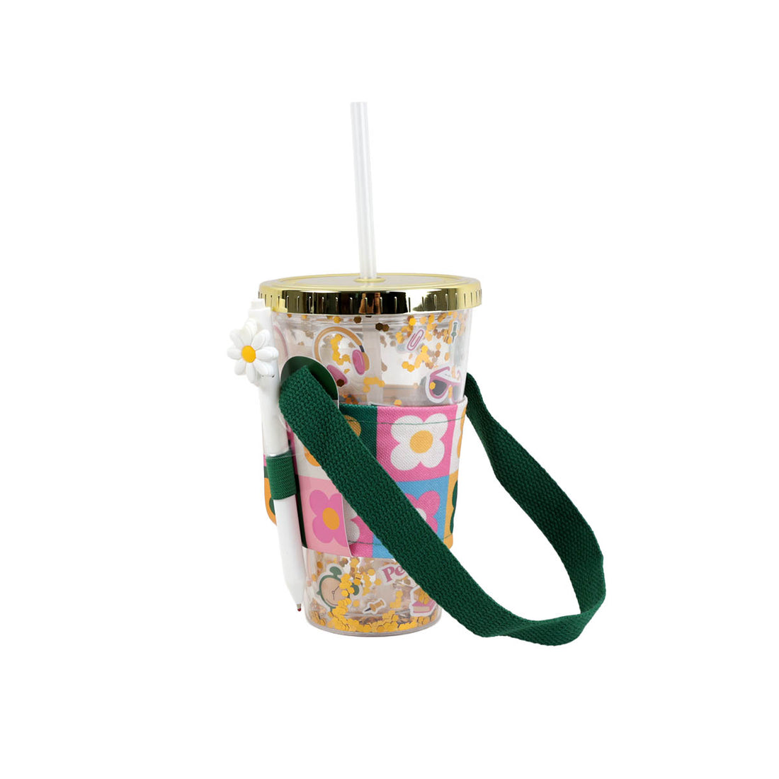 Double-layer plastic glitter cup with floral print, gold lid, white straw, green strap