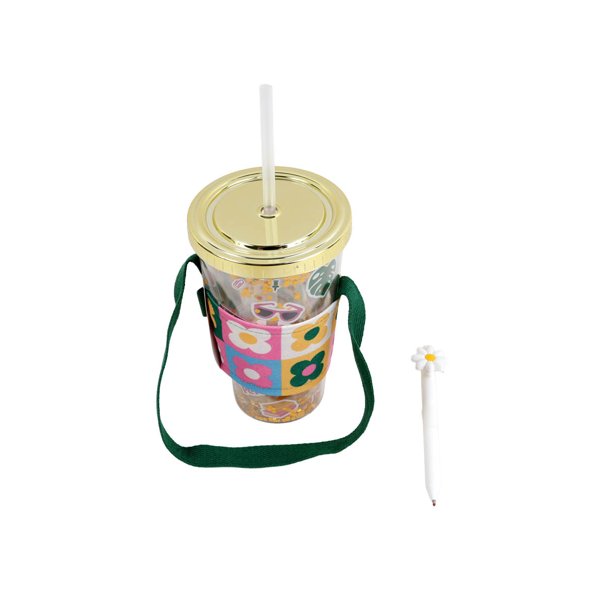 Double-layer glitter plastic cup, multicolor floral print, gold lid, green carry strap