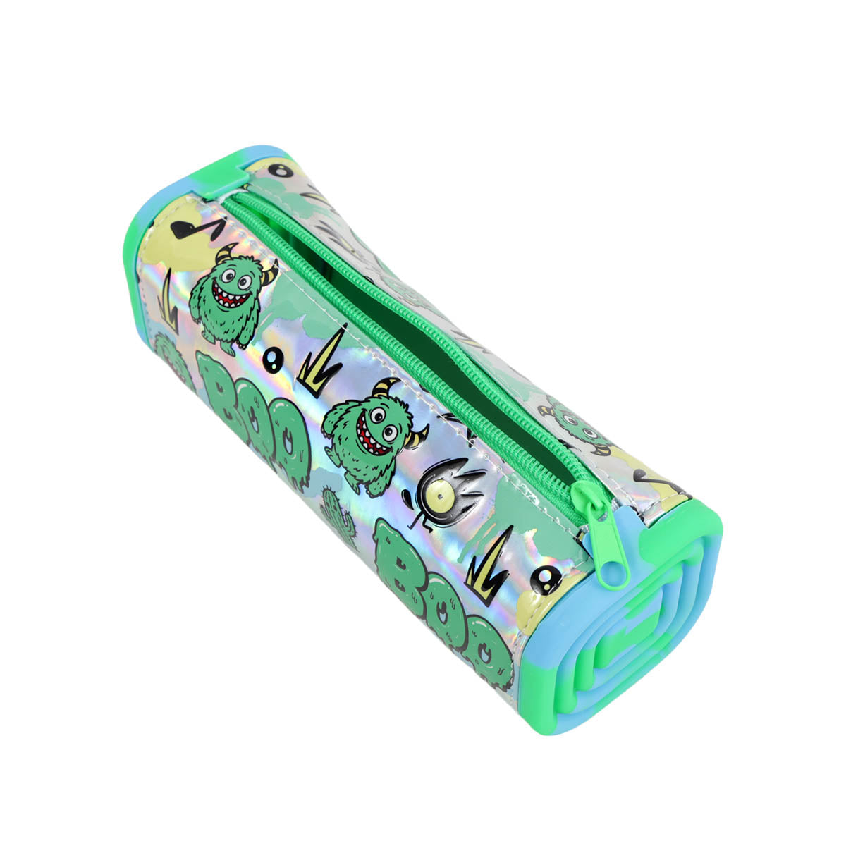Side view pencil case with green zipper, light blue body, monster graphic print