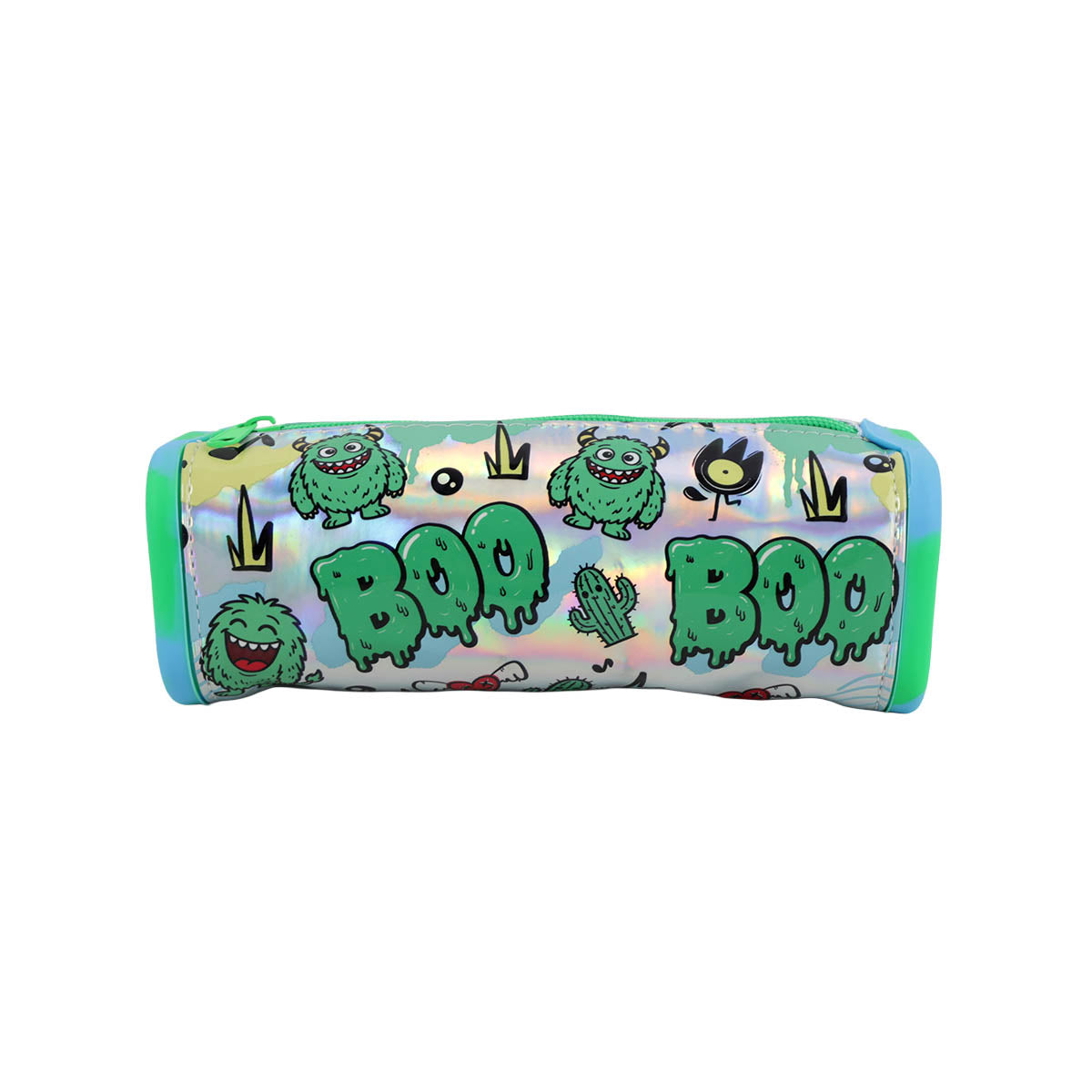 Monster-pattern pencil case with light blue body and green zipper