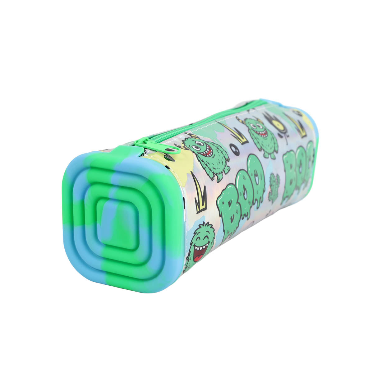 Cylindrical pencil case with light blue and green monster print, rounded end