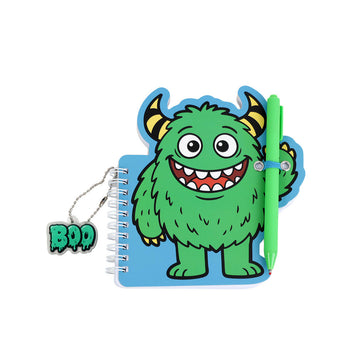 Monster spiral memo pad with cartoon green monster cover, green pen and chain charm