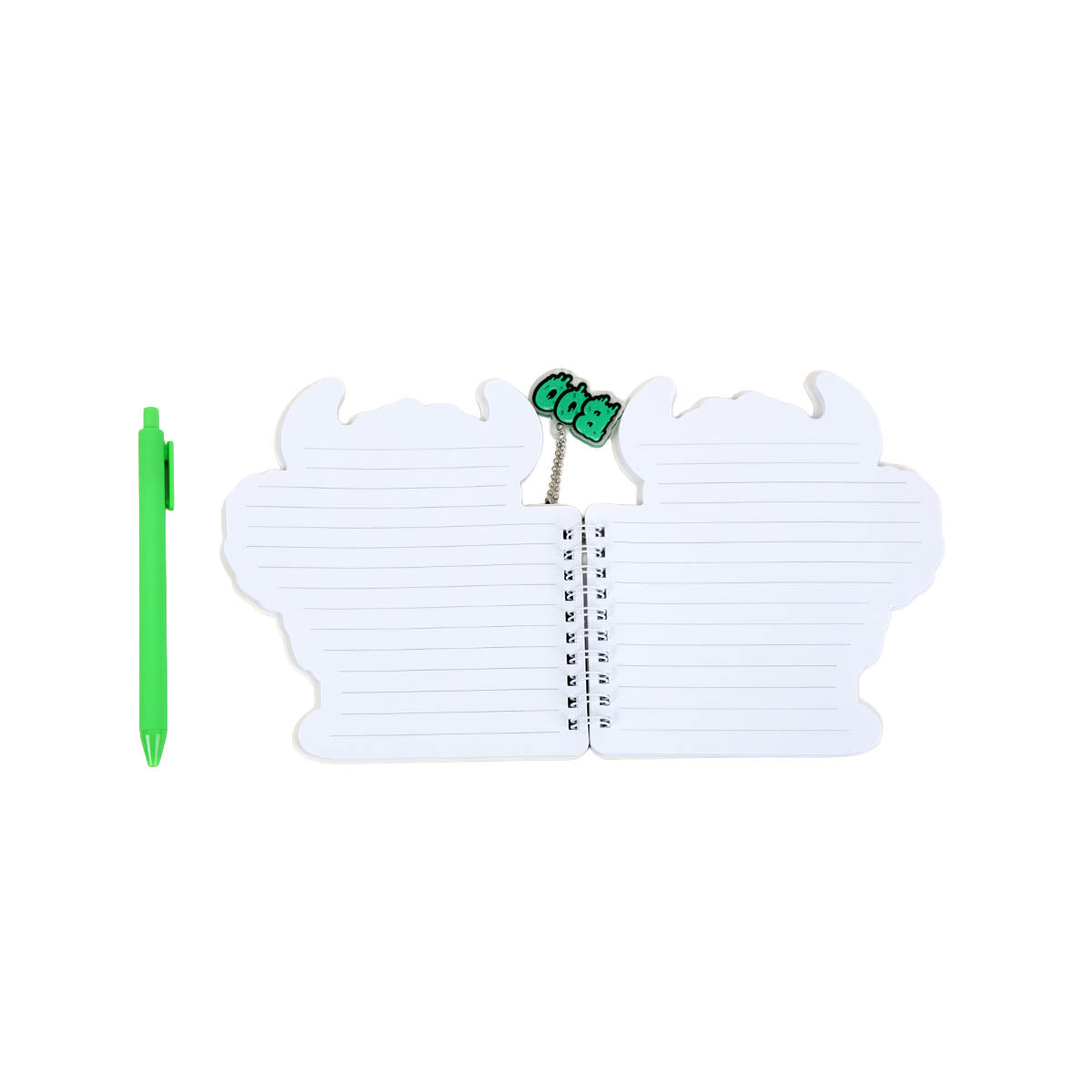 Monster spiral memo pad with green pen and acrylic monster charm, open pages