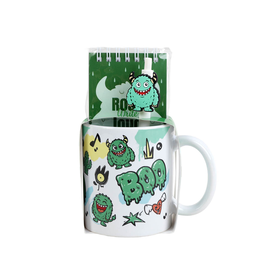 Ceramic mug set: white mug with green monster face and roaring text, handle visible