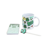Ceramic mug set with green monster graphics, white handle, and matching coaster