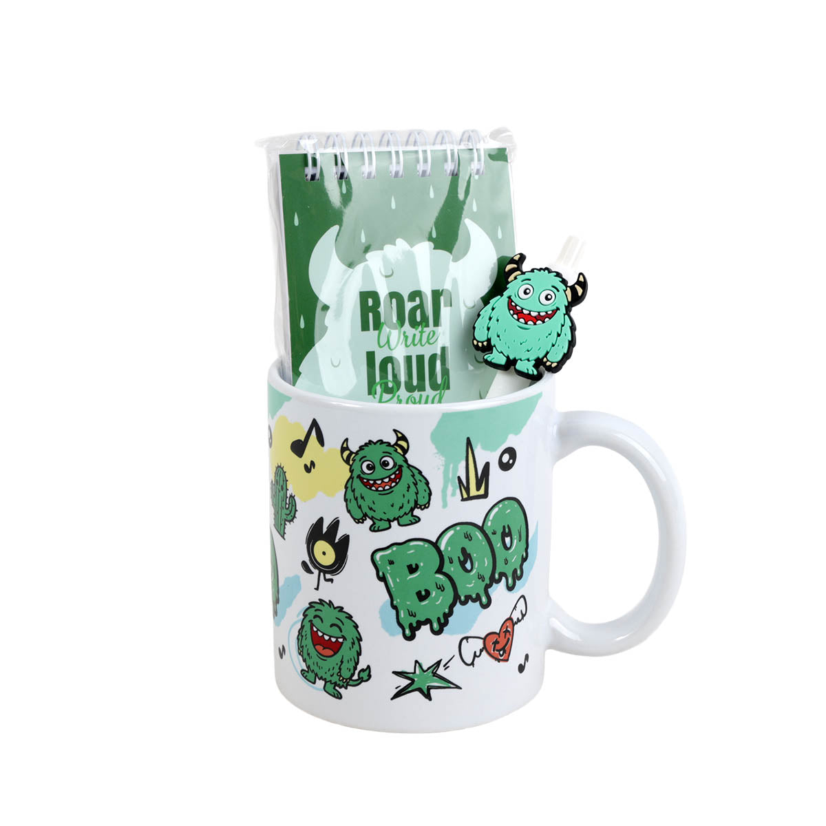 Ceramic mug set: white mug with green monster art and clear hanging sleeve