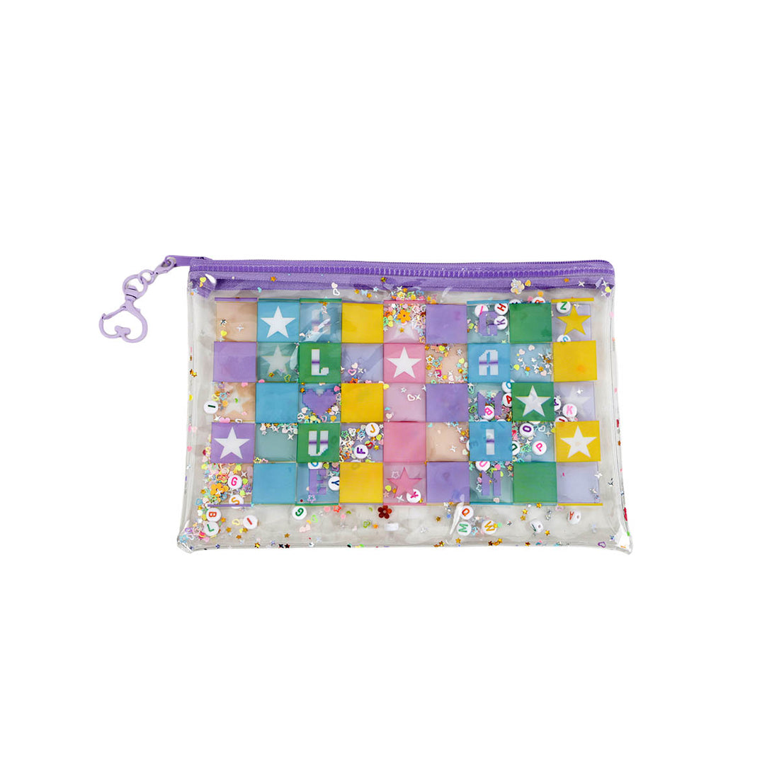 Clear PVC pen pouch with rainbow pixel blocks, purple zipper, hanging beaded initial charm