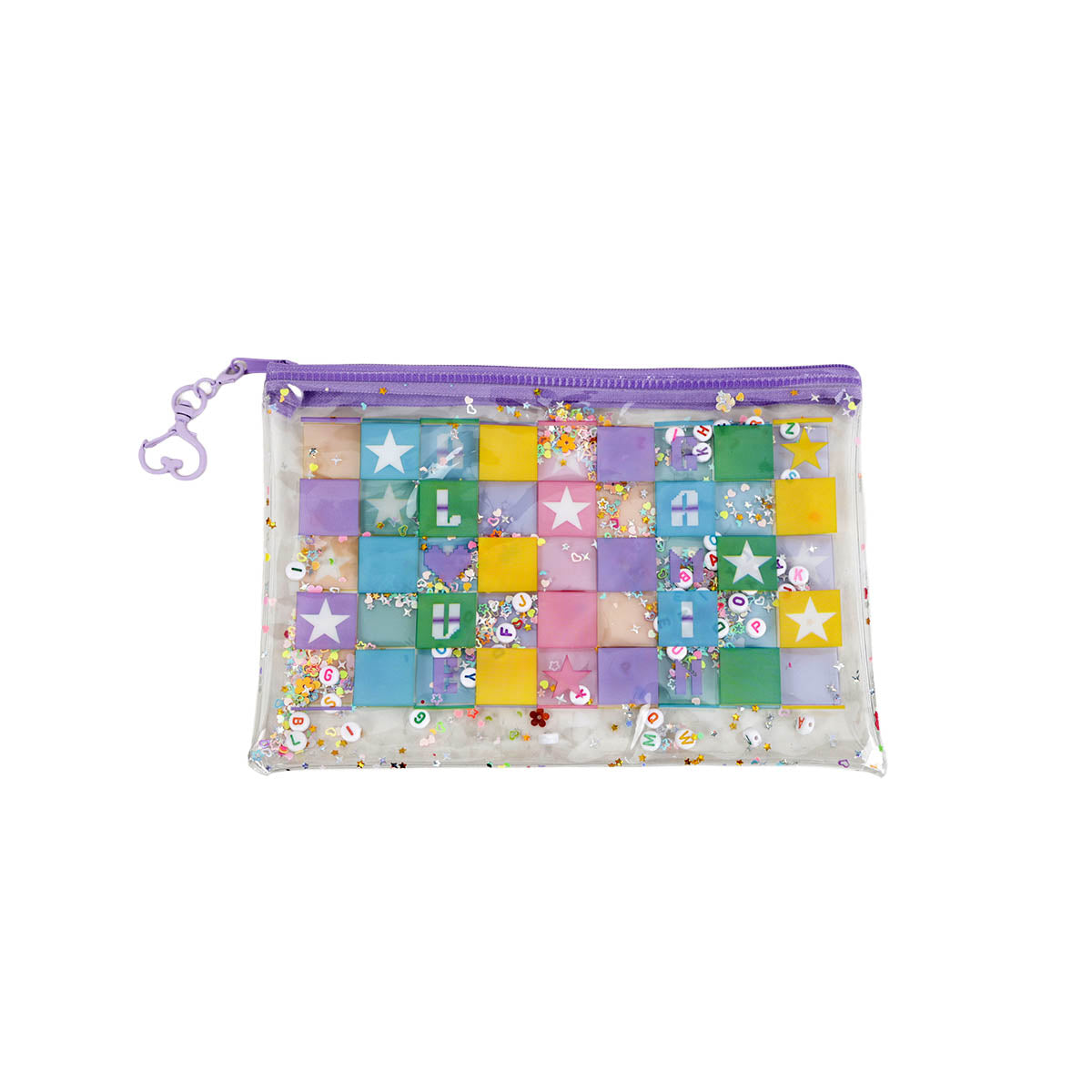 Clear PVC pen pouch with rainbow pixel blocks, purple zipper, hanging beaded initial charm