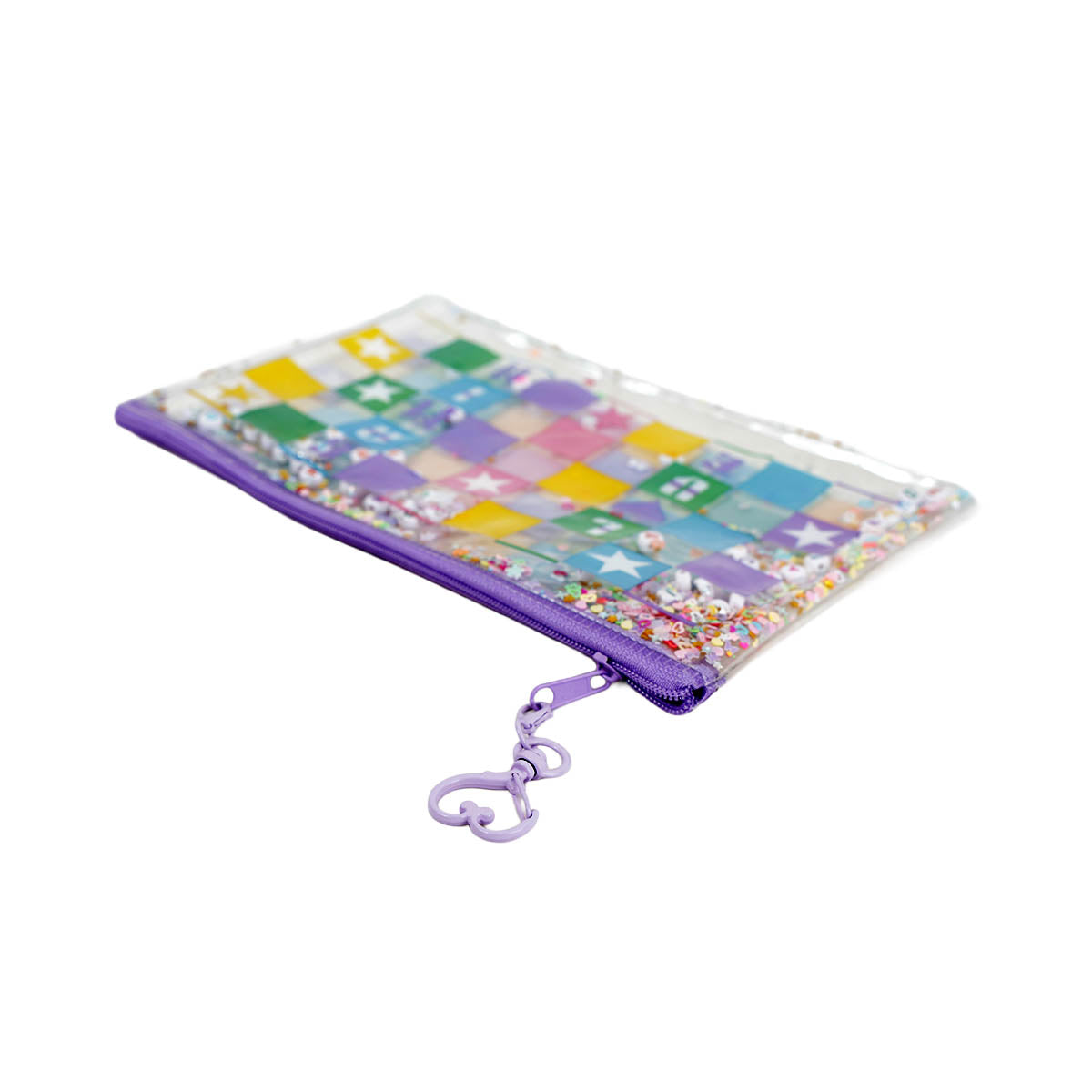 Flat PVC pen pouch with multicolor pixel pattern, purple zipper edge, beaded keyring charm