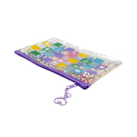 Flat PVC pen pouch with multicolor pixel pattern, purple zipper edge, beaded keyring charm