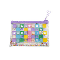 Clear PVC pen pouch with multicolor pixel patchwork and purple zipper, with bead charm