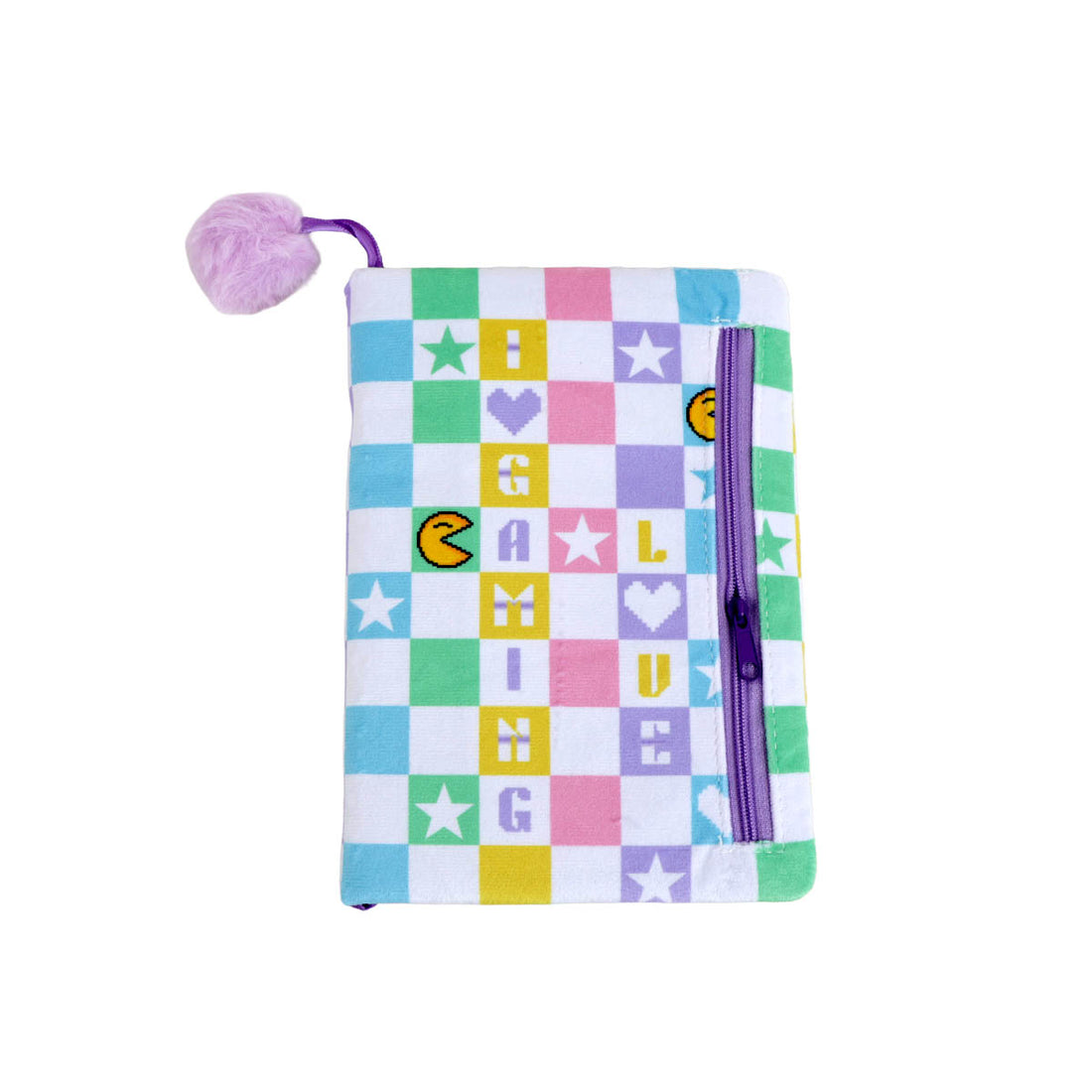 Pixel-pattern notebook with purple pom-pom tassel and zippered pocket