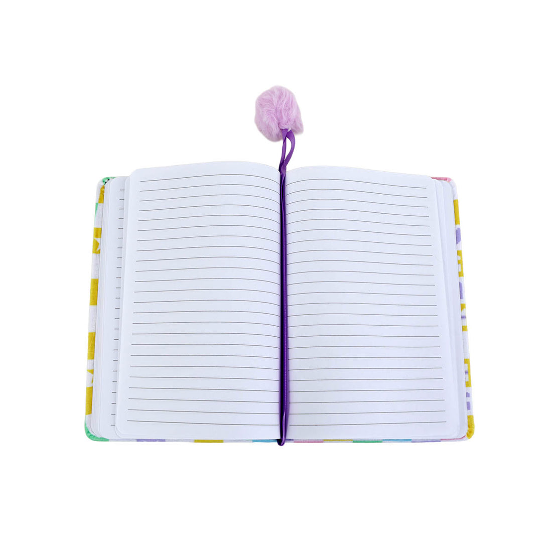 Open lined notebook with purple pom-pom tassel and elastic closure