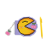 Mosaic character memo pad with yellow pen and pink acrylic pendant keychain