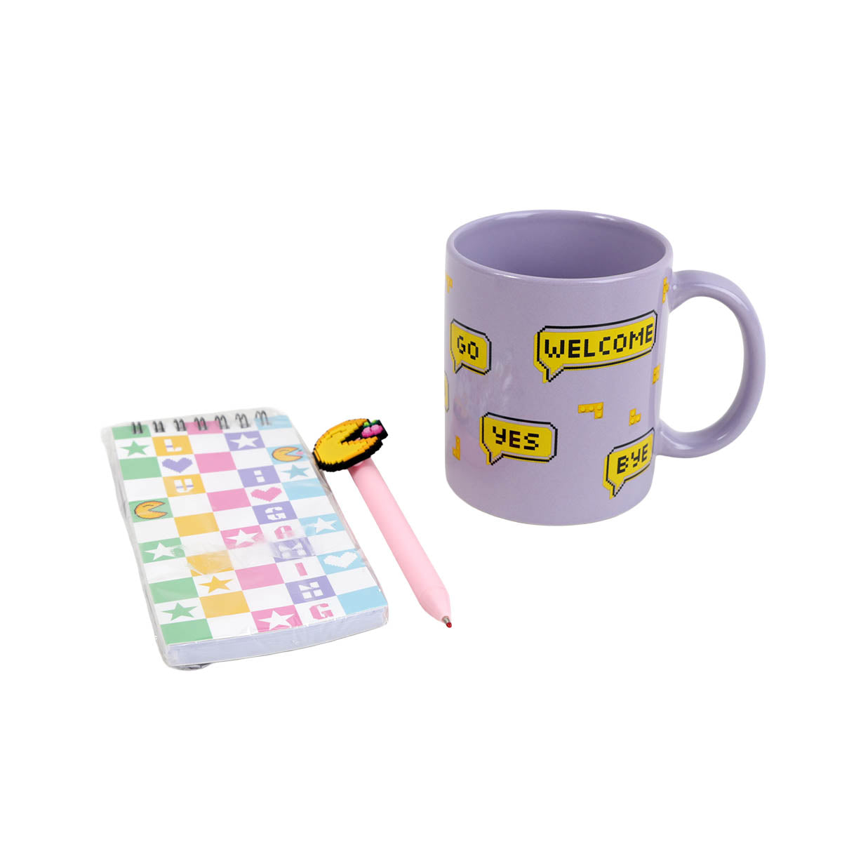 Lavender ceramic mug with pixel art ‘WELCOME’ speech bubbles
