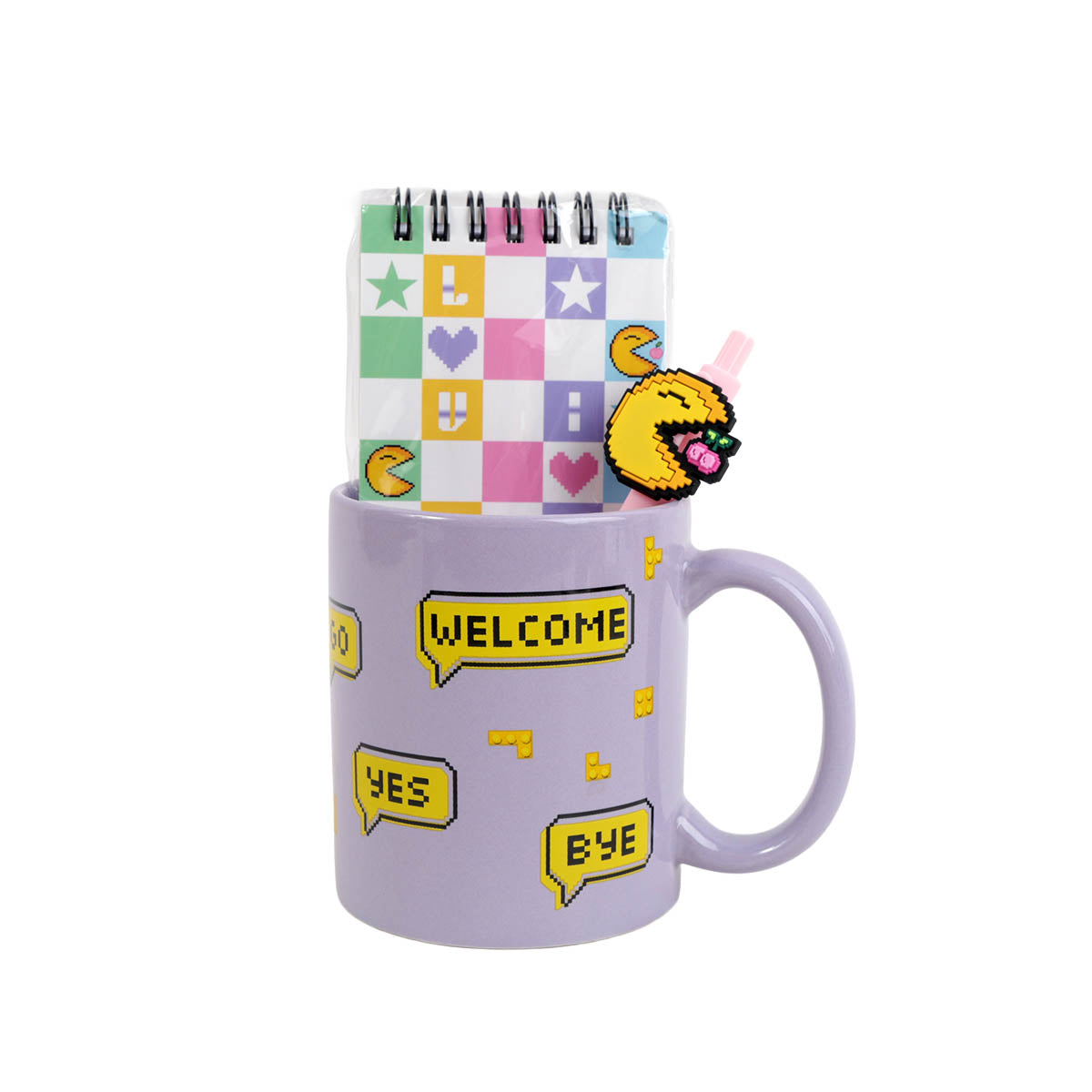 Lavender ceramic mug with pixel art and ‘WELCOME’ ‘YES’ speech bubbles