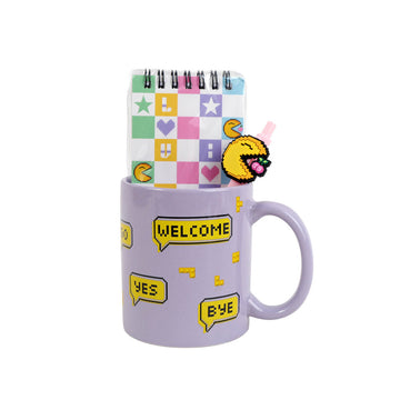 Lavender ceramic mug with pixel art and ‘WELCOME’ ‘YES’ speech bubbles