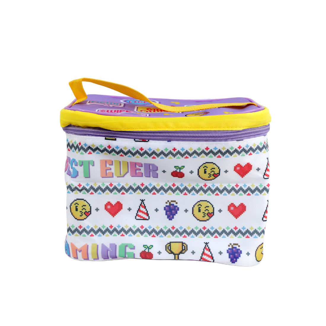 Kids lunch bag with colorful pixel-style pattern, yellow carry handle and zip-top closure