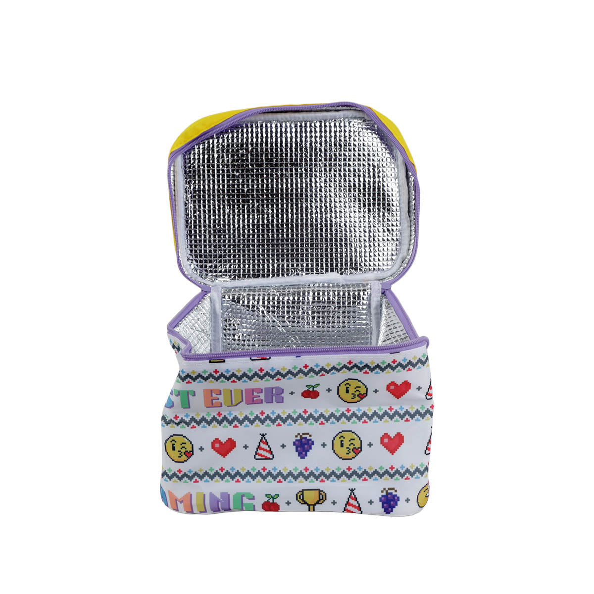 Kids lunch bag open to show silver insulated lining and top zipper, patterned exterior