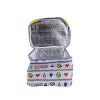 Kids lunch bag open to show silver insulated lining and top zipper, patterned exterior