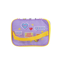 Purple kids lunch bag with yellow trim, gaming-style icon print and zip-front flap