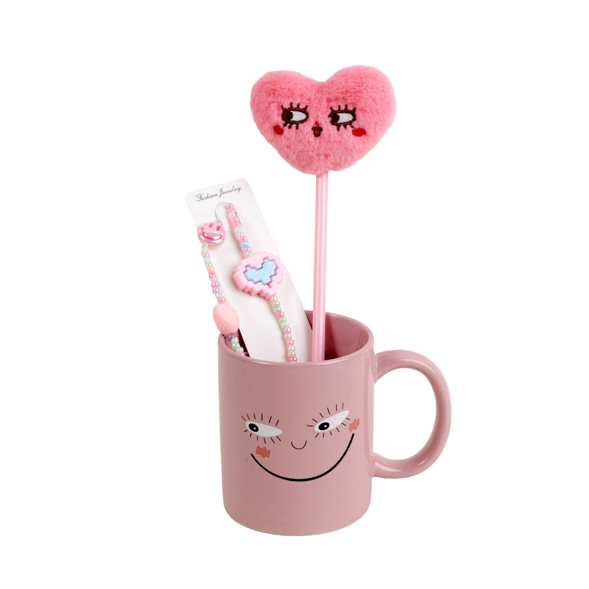 Pink ceramic smile-face mug set with heart plush stirrer and small packaged charm items