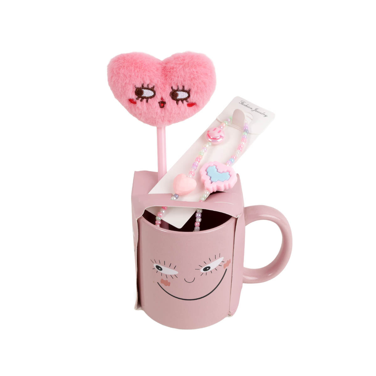 Pink ceramic smile-face mug set with heart plush stirrer, beaded bracelet, and charm