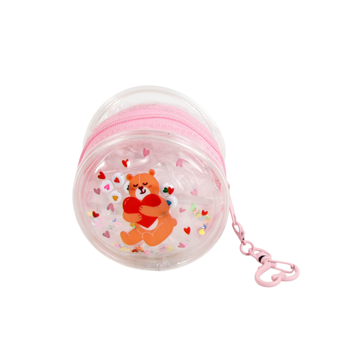 Clear PVC coin purse with pink zipper, teddy bear and hearts inside, heart keychain