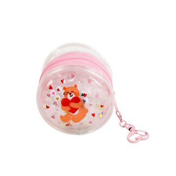 Clear PVC coin purse with pink zipper, teddy bear and hearts inside, heart keychain