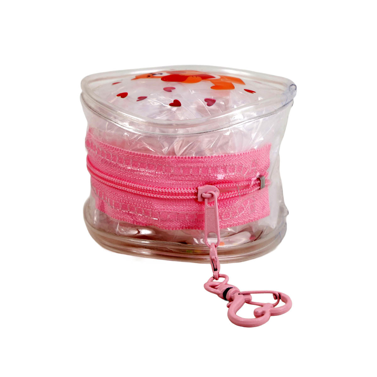 Pink PVC coin purse with heart-shaped charm, clear lid, and pink glitter zipper trim
