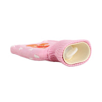 Pink knit hot water bottle sleeve with bear design, showing circular opening