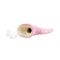 Pink knit hot water bottle sleeve with plug and opening for filling