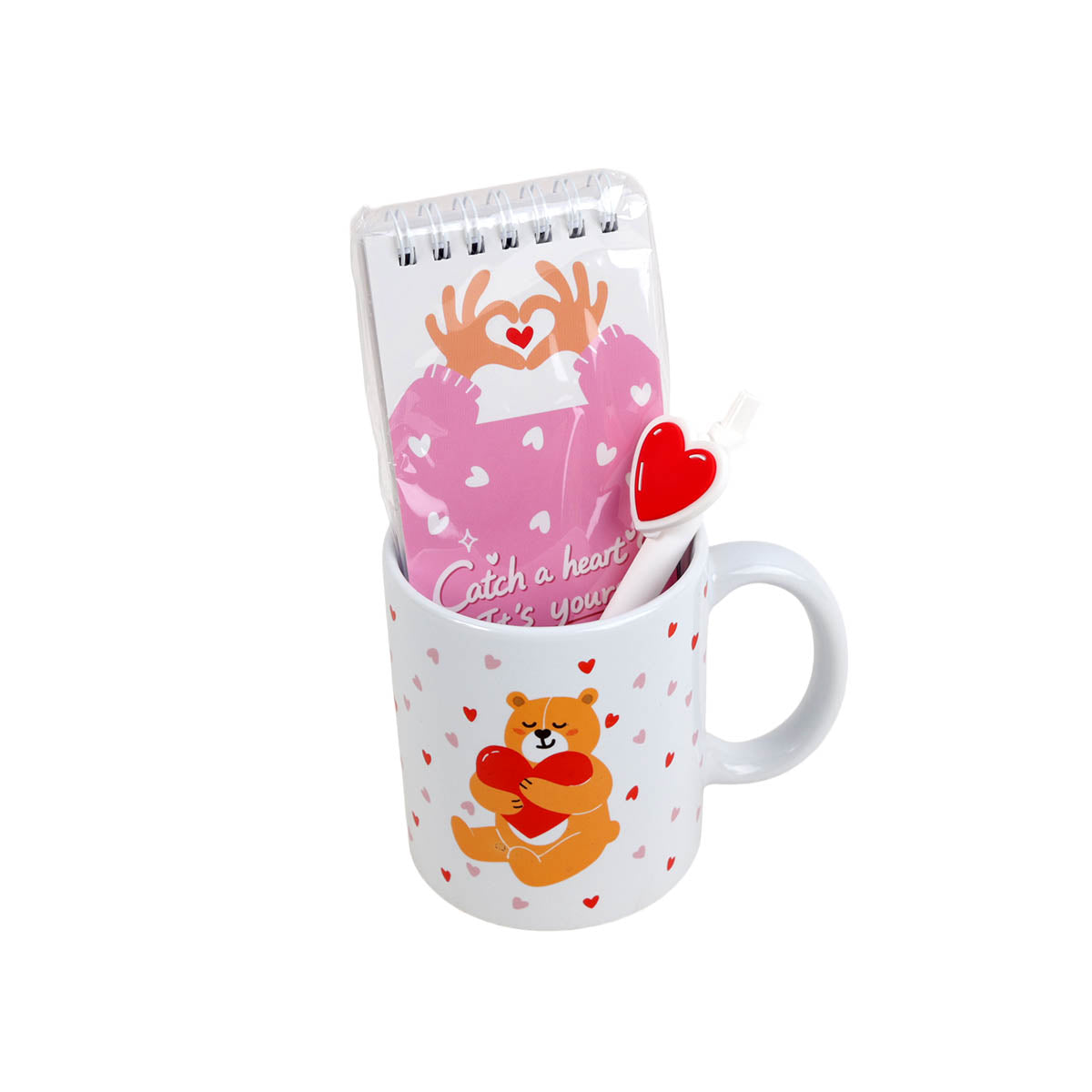 Ceramic bear mug with heart graphic, shown with clear sleeve and hinged lid