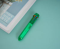 Green 6-in-1 multi-color pen with click-top end and colored buttons, on side