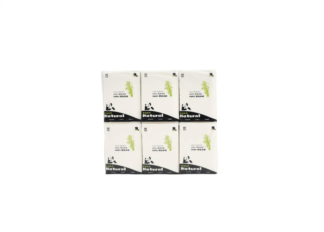 Natural soft tissues 6-pack carton set with panda logo and white panels