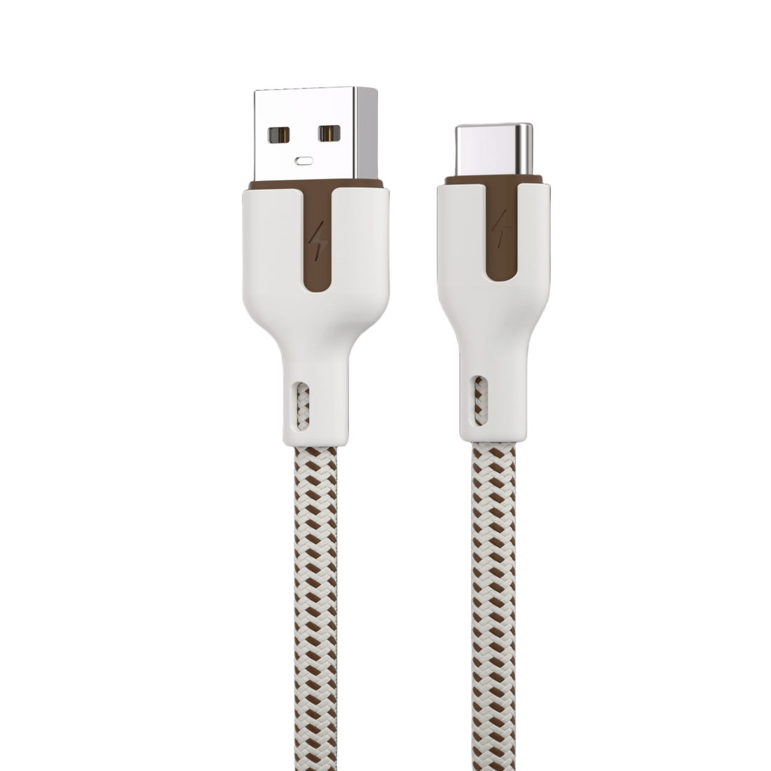 Braided USB-A to USB-C charging cable, white connectors with brown grip detail