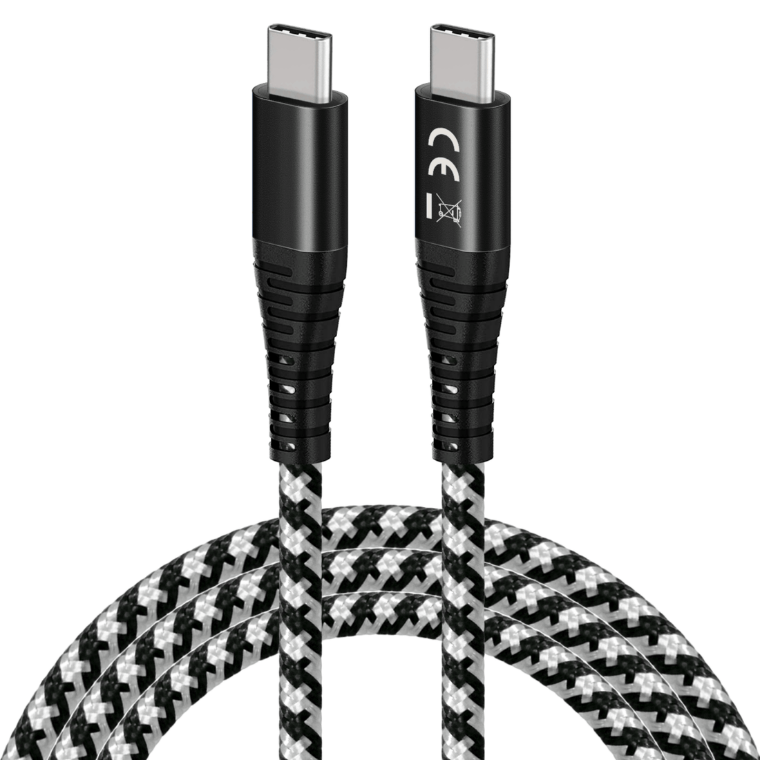 Braided USB-C cable with black and white checker weave, USB-C connectors