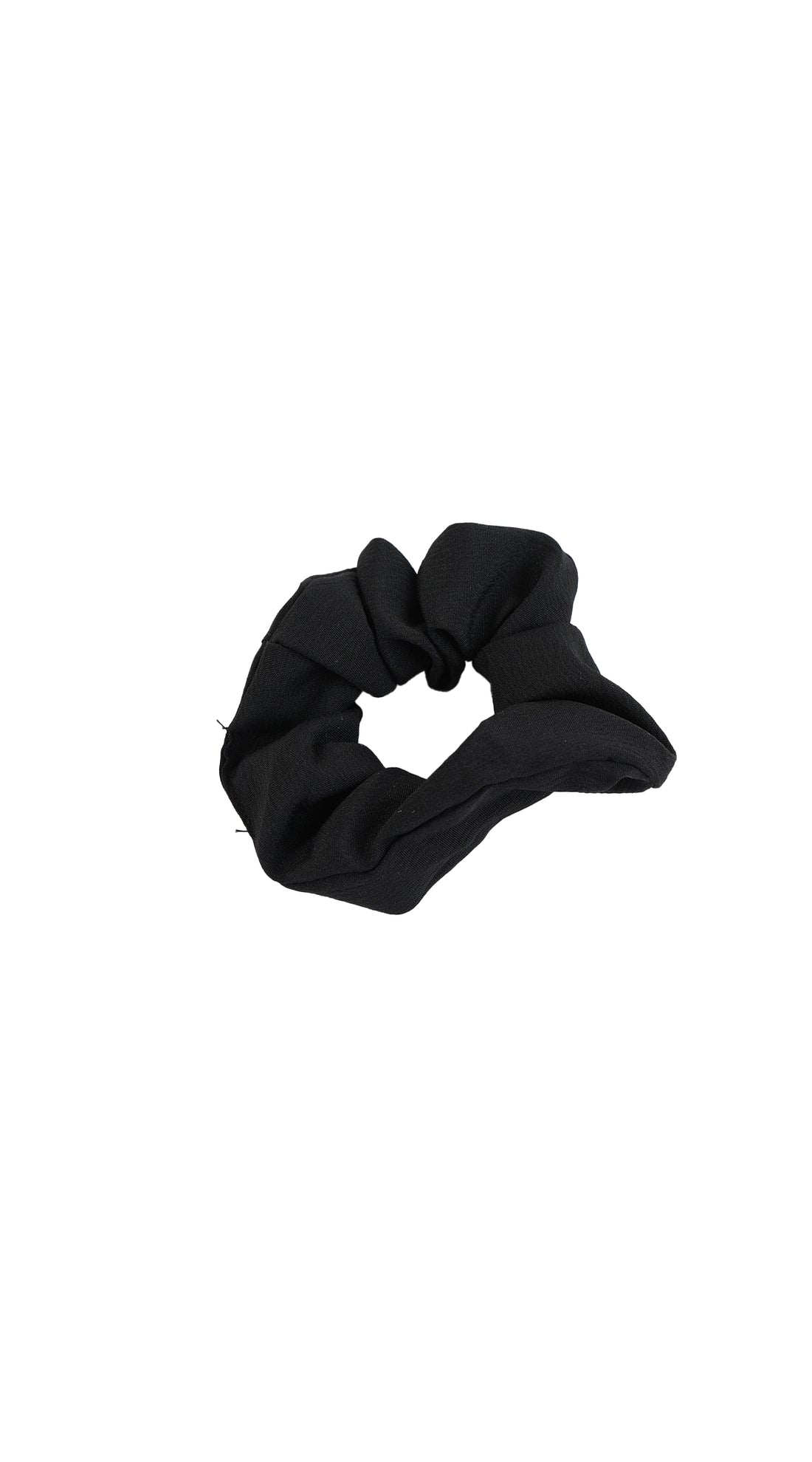 Black fabric hair scrunchie with gathered loops and elastic band