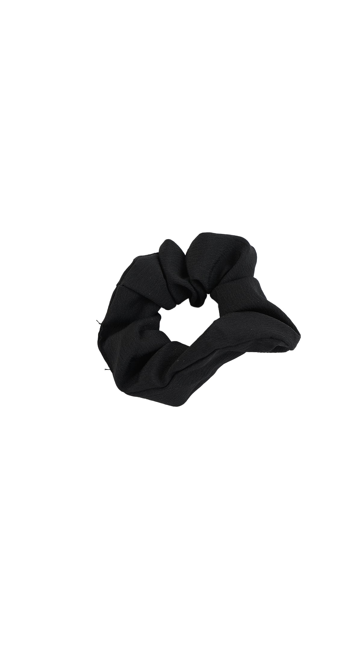 Black fabric hair scrunchie with gathered loops and elastic band