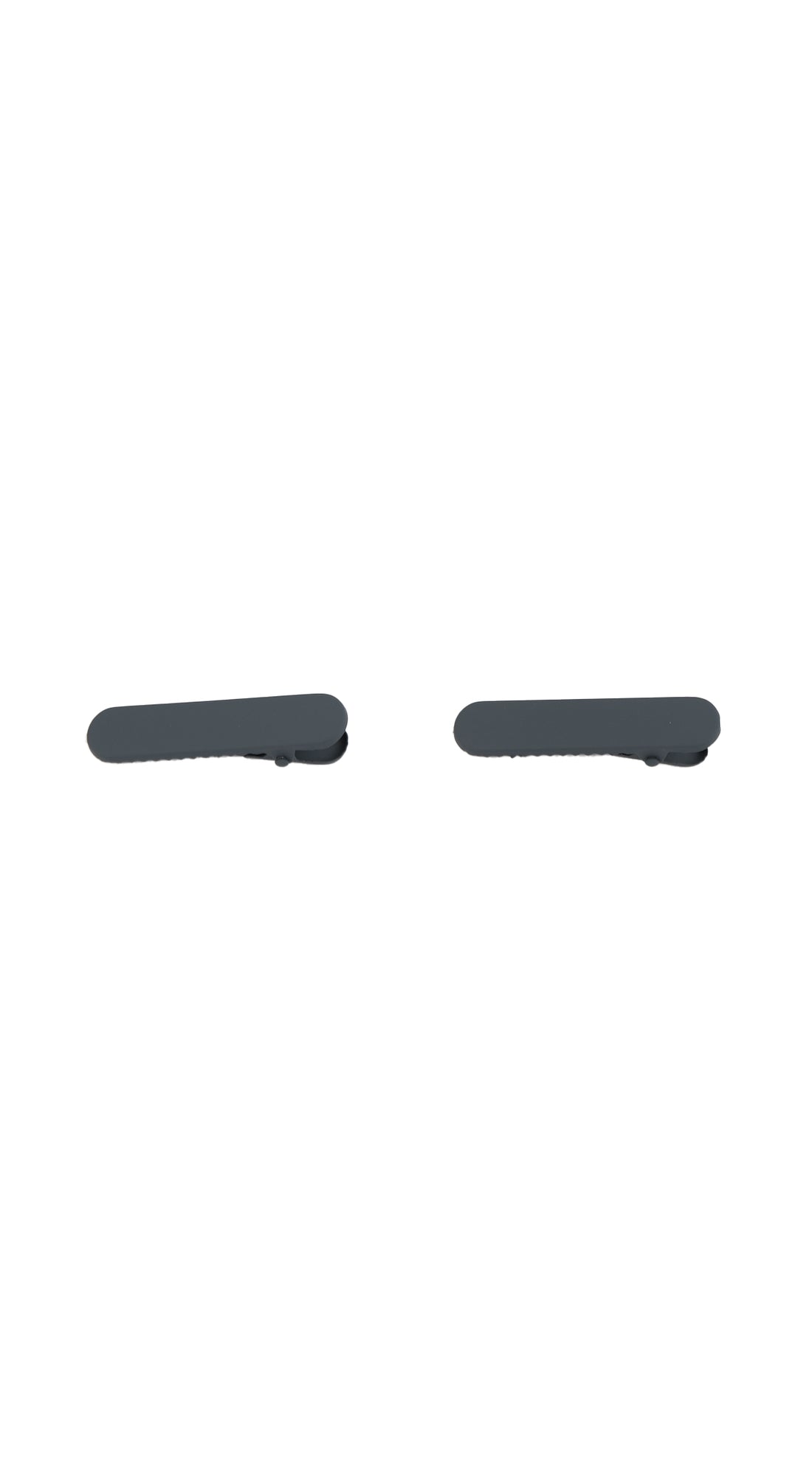 Black hair clips with anti-slip grip, two flat clips viewed from side