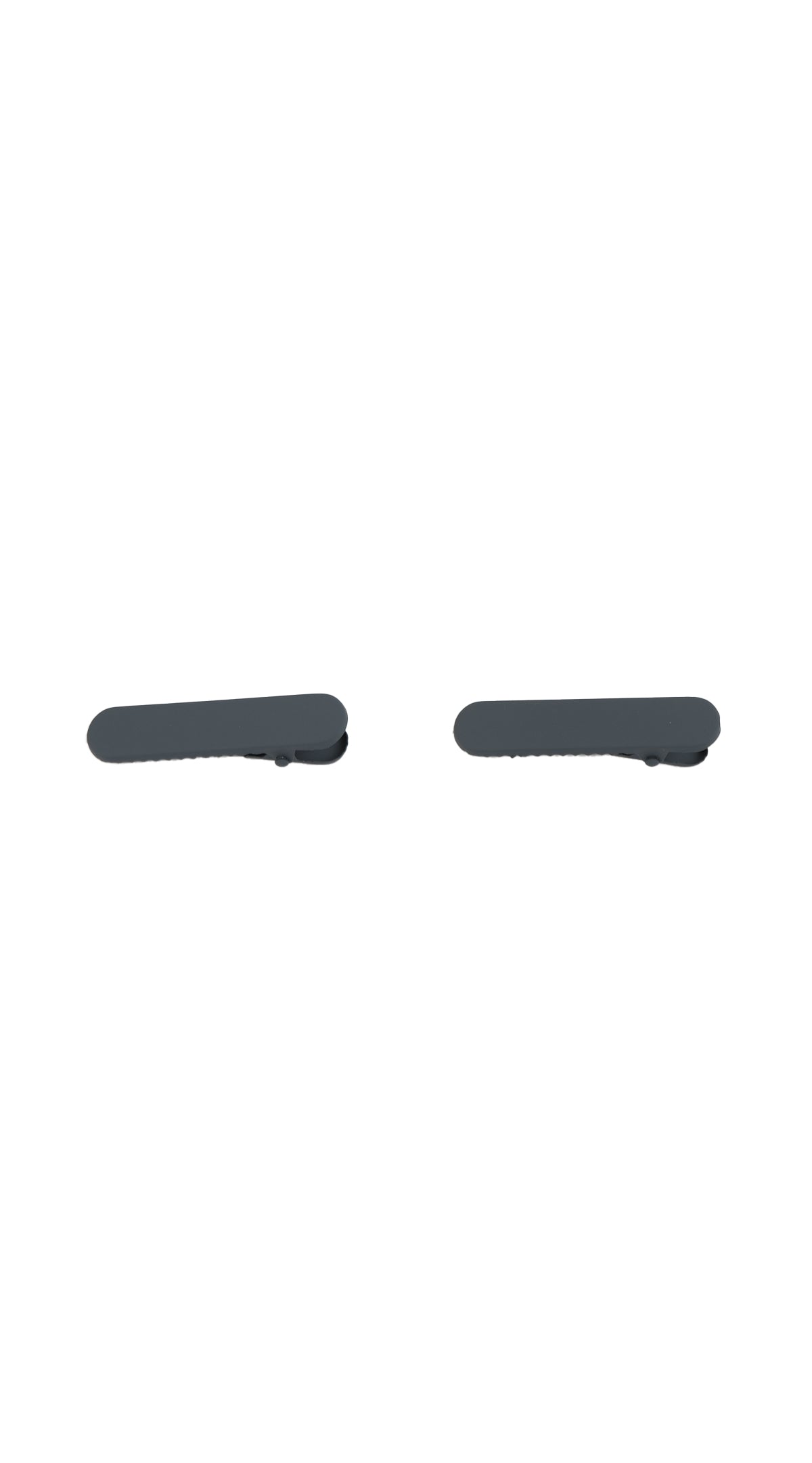 Black hair clips with anti-slip grip, two flat clips viewed from side