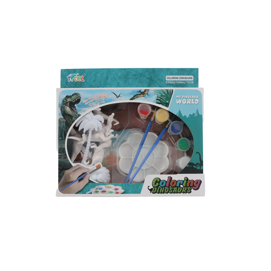 Dinosaur coloring set in box with paintbrushes and colored paint cups